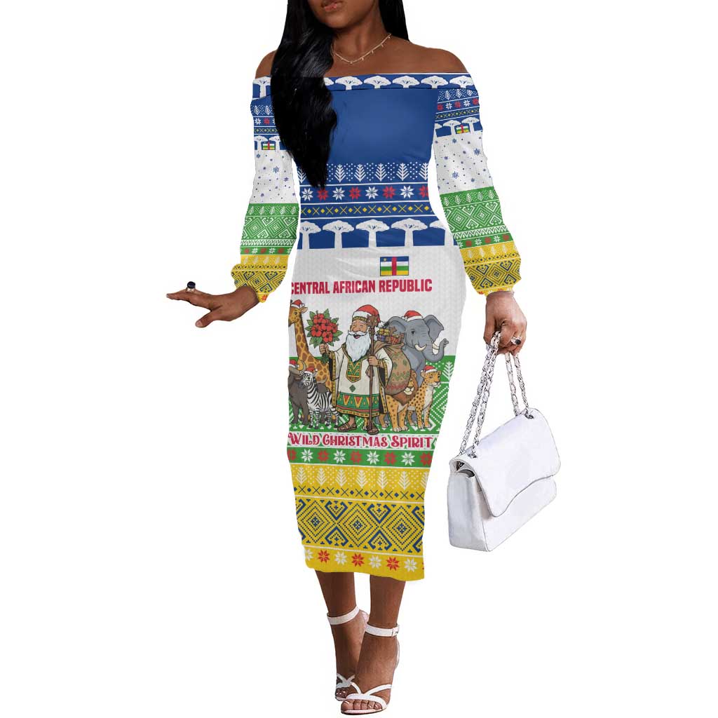 Central African Republic Christmas Off The Shoulder Long Sleeve Dress Santa and Safari Animals Baobab Trees Snowflakes - African Pride
