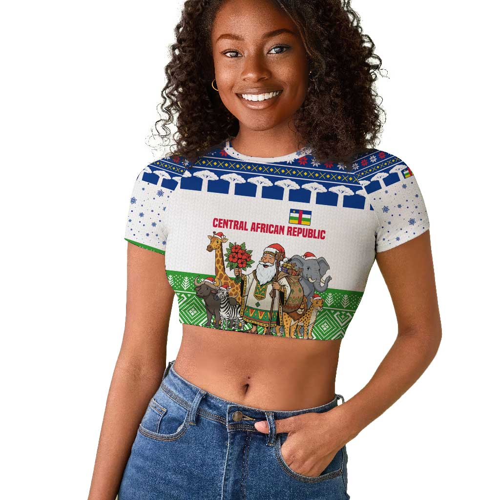 Central African Republic Christmas Raglan Cropped T shirt Santa and Safari Animals Baobab Trees Snowflakes - African Pride
