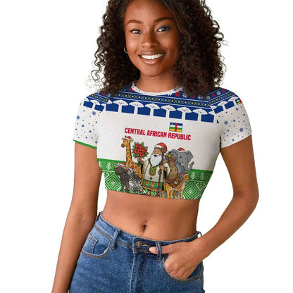 Central African Republic Christmas Raglan Cropped T shirt Santa and Safari Animals Baobab Trees Snowflakes - African Pride