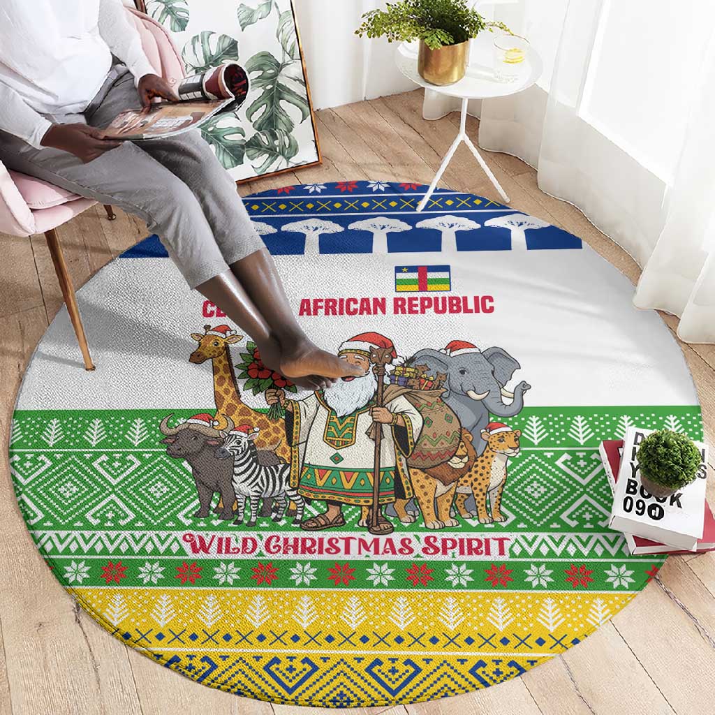 Central African Republic Christmas Round Carpet Santa and Safari Animals Baobab Trees Snowflakes - African Pride