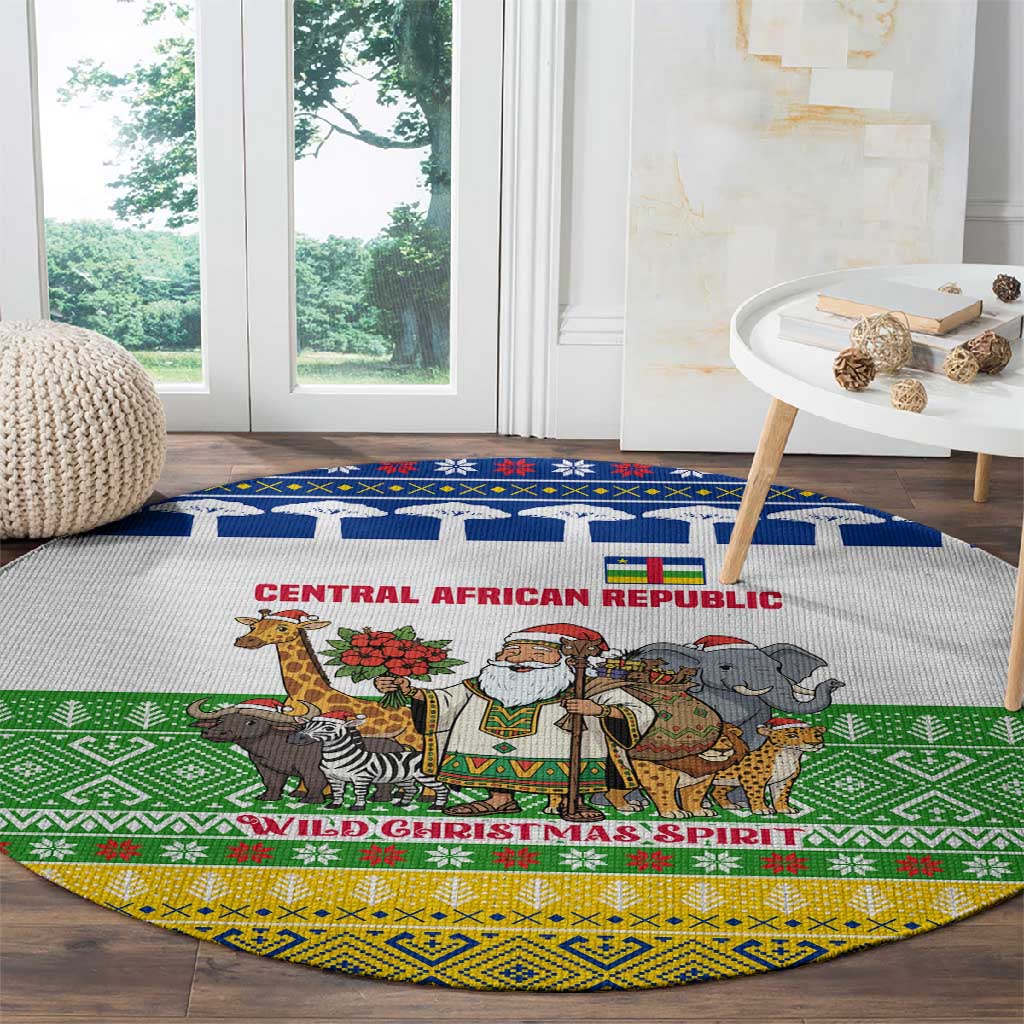 Central African Republic Christmas Round Carpet Santa and Safari Animals Baobab Trees Snowflakes - African Pride