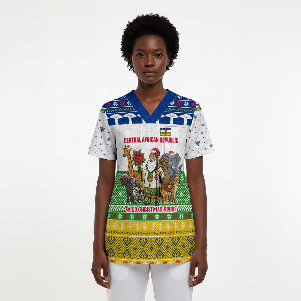 Central African Republic Christmas Scrub Top Santa and Safari Animals Baobab Trees Snowflakes - African Pride