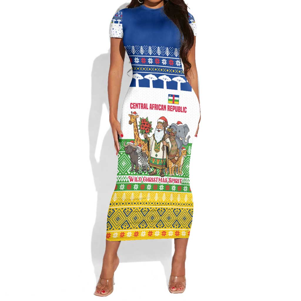 Central African Republic Christmas Short Sleeve Bodycon Dress Santa and Safari Animals Baobab Trees Snowflakes - African Pride