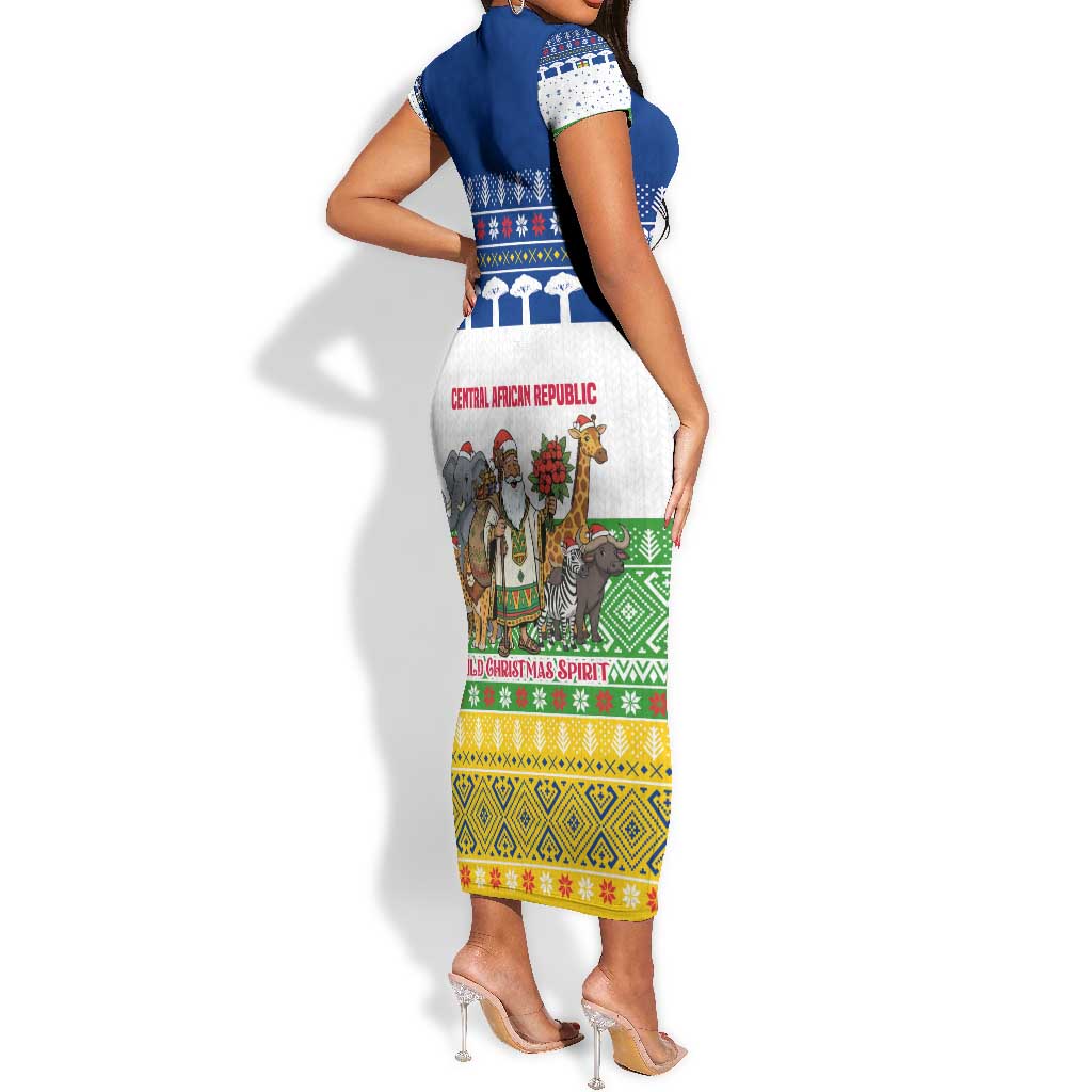 Central African Republic Christmas Short Sleeve Bodycon Dress Santa and Safari Animals Baobab Trees Snowflakes - African Pride