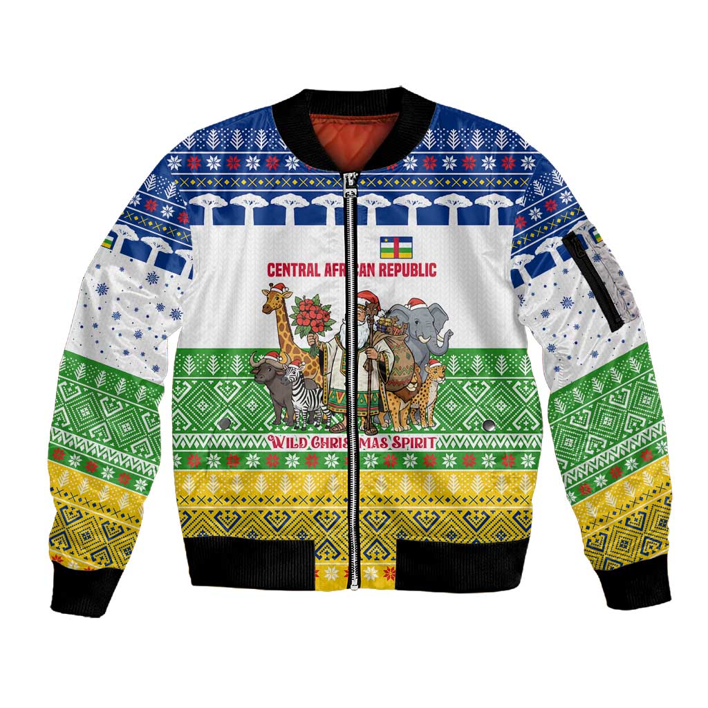 Central African Republic Christmas Sleeve Zip Bomber Jacket Santa and Safari Animals Baobab Trees Snowflakes - African Pride