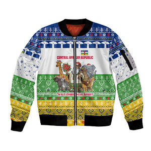 Central African Republic Christmas Sleeve Zip Bomber Jacket Santa and Safari Animals Baobab Trees Snowflakes - African Pride