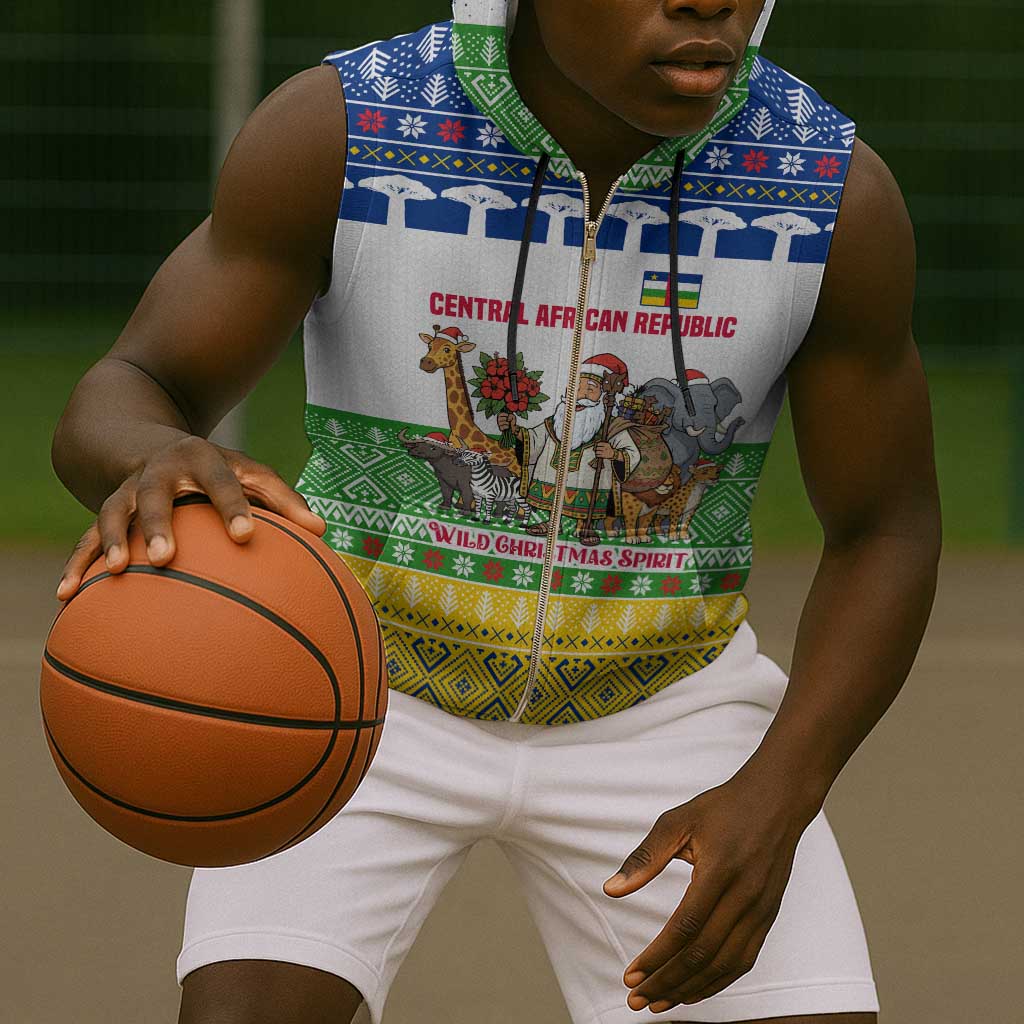 Central African Republic Christmas Sleeveless Zip Hoodie Santa and Safari Animals Baobab Trees Snowflakes - African Pride