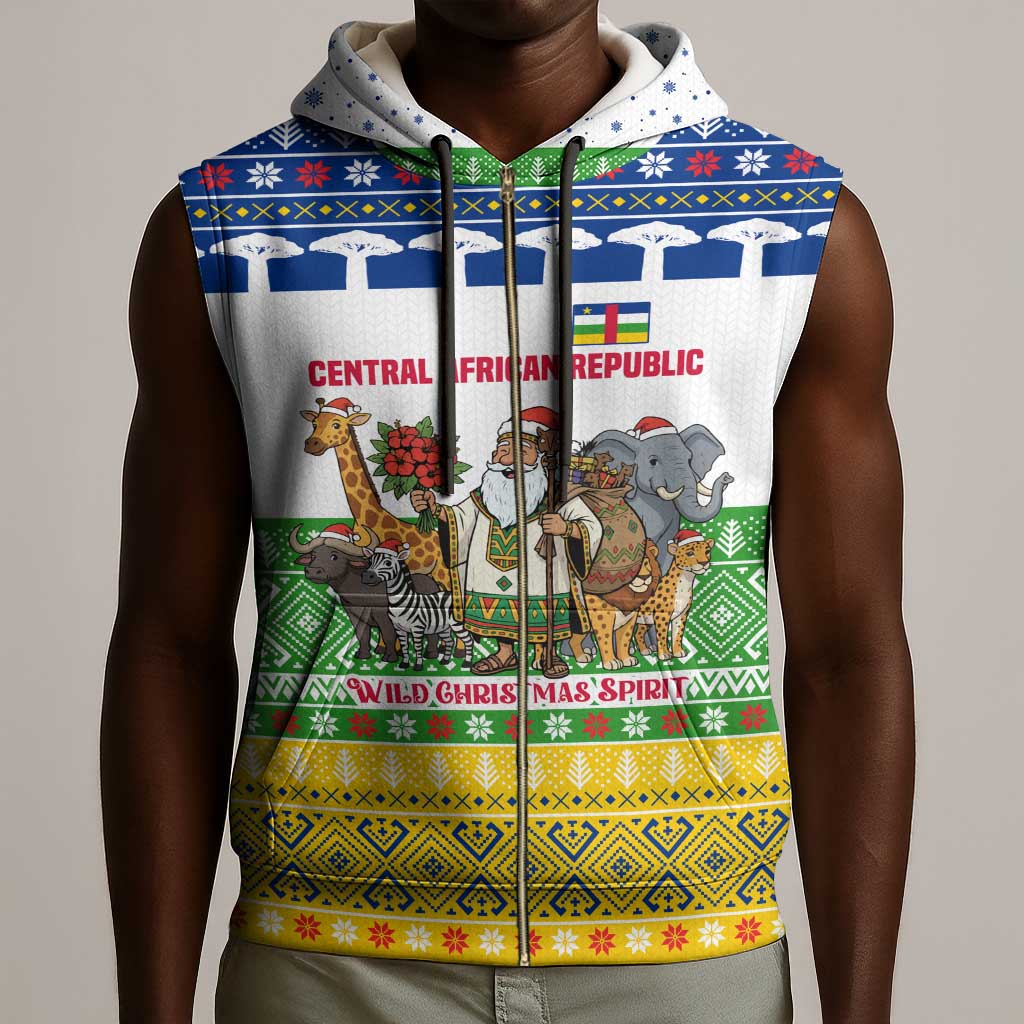 Central African Republic Christmas Sleeveless Zip Hoodie Santa and Safari Animals Baobab Trees Snowflakes - African Pride