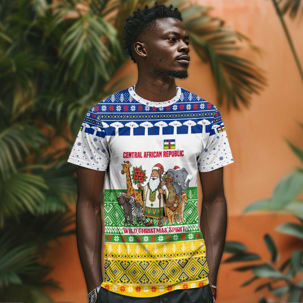 Central African Republic Christmas T shirt Santa and Safari Animals Baobab Trees Snowflakes - African Pride