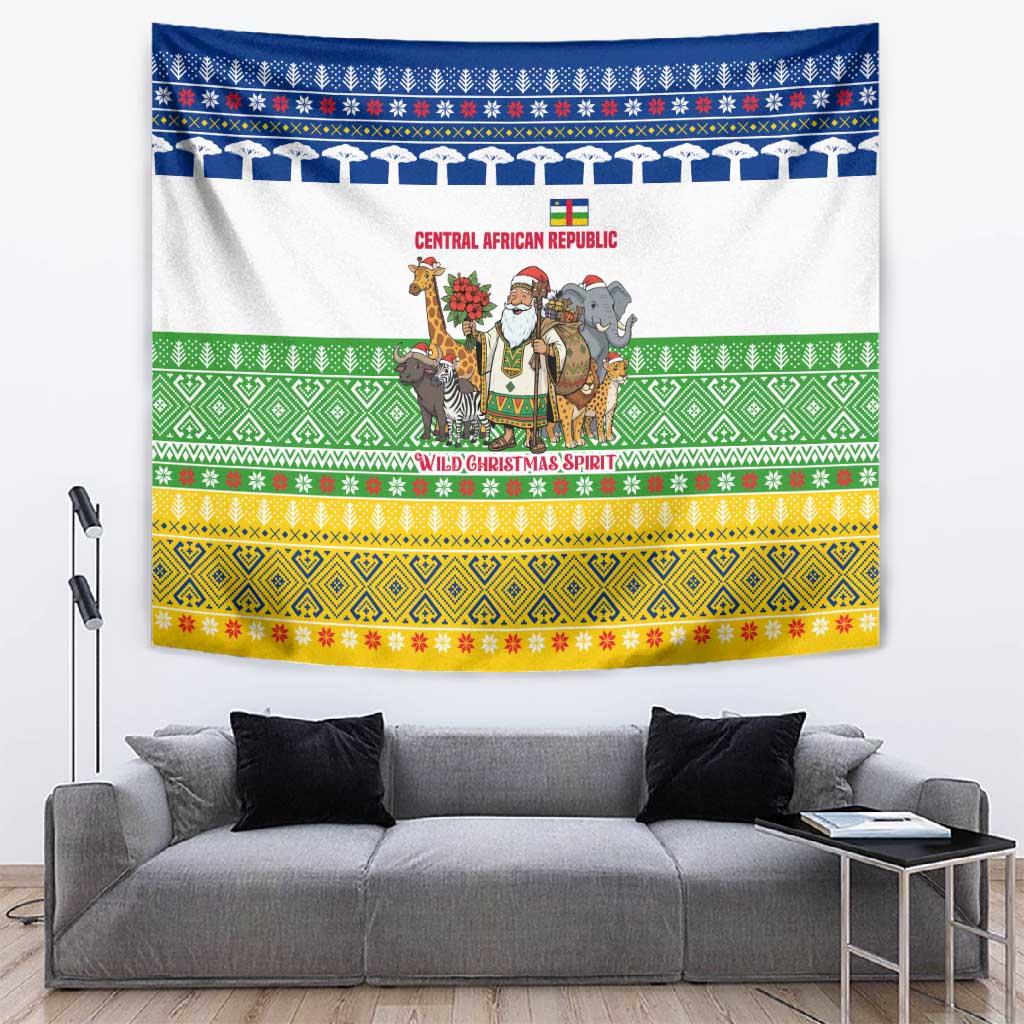 Central African Republic Christmas Tapestry Santa and Safari Animals Baobab Trees Snowflakes - African Pride