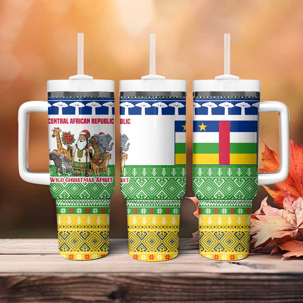 Central African Republic Christmas Tumbler With Handle Santa and Safari Animals Baobab Trees Snowflakes - African Pride