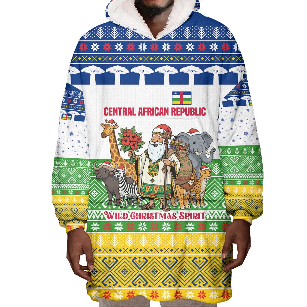 Central African Republic Christmas Wearable Blanket Hoodie Santa and Safari Animals Baobab Trees Snowflakes - African Pride