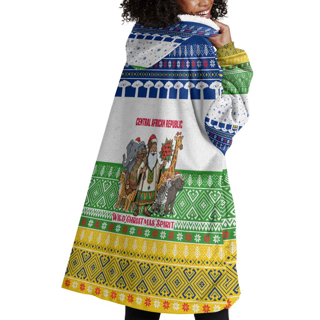 Central African Republic Christmas Wearable Blanket Hoodie Santa and Safari Animals Baobab Trees Snowflakes - African Pride