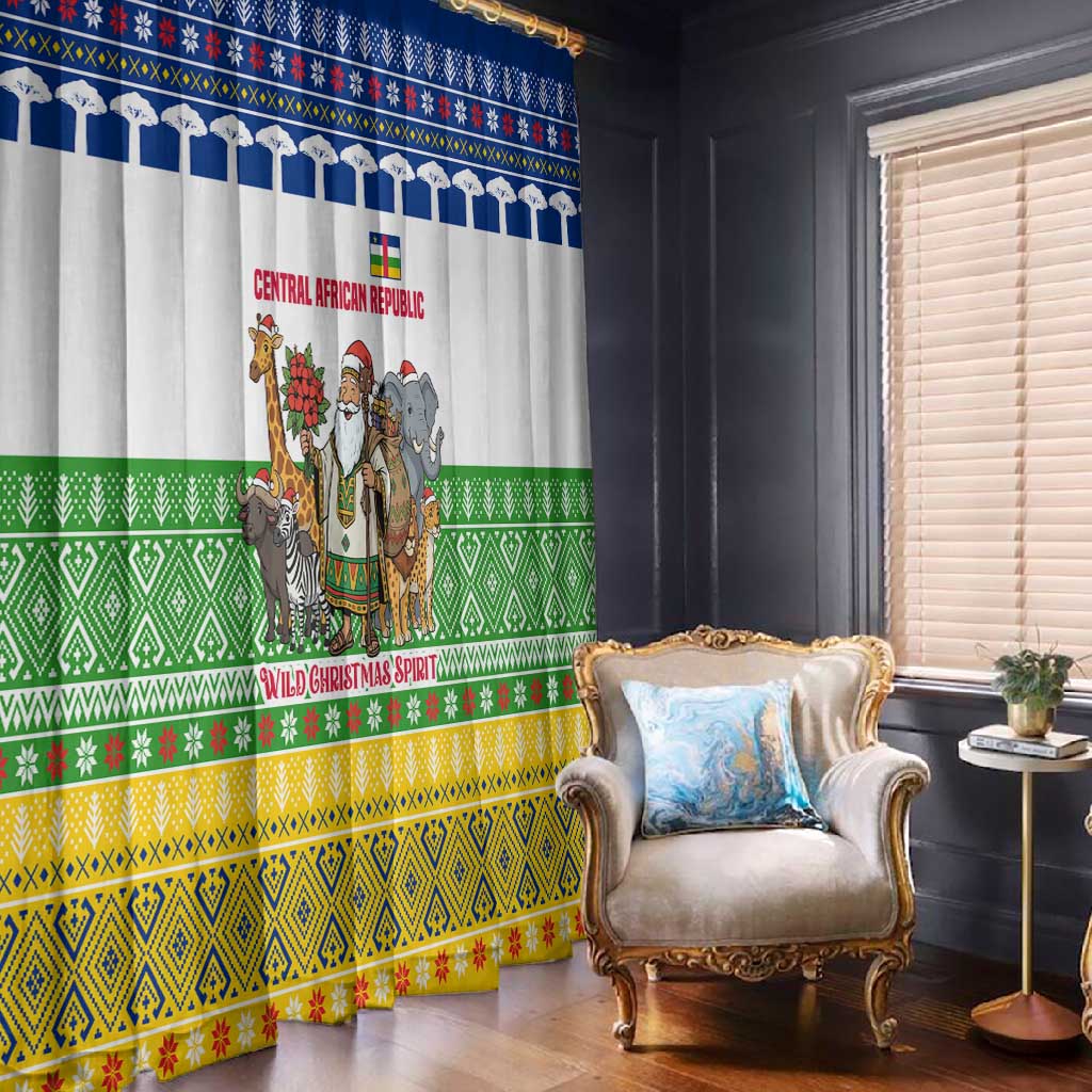 Central African Republic Christmas Window Curtain Santa and Safari Animals Baobab Trees Snowflakes - African Pride