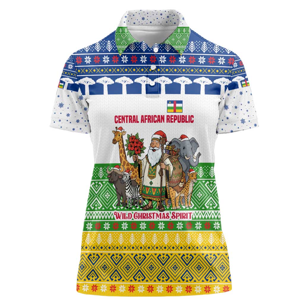 Central African Republic Christmas Women Polo Shirt Santa and Safari Animals Baobab Trees Snowflakes - African Pride