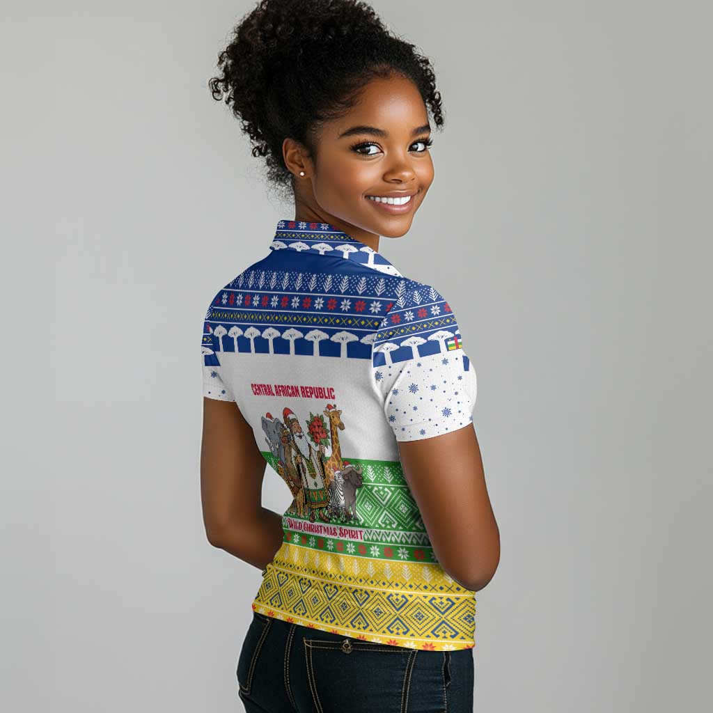 Central African Republic Christmas Women Polo Shirt Santa and Safari Animals Baobab Trees Snowflakes - African Pride