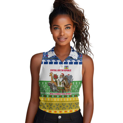 Central African Republic Christmas Women Sleeveless Polo Shirt Santa and Safari Animals Baobab Trees Snowflakes - African Pride