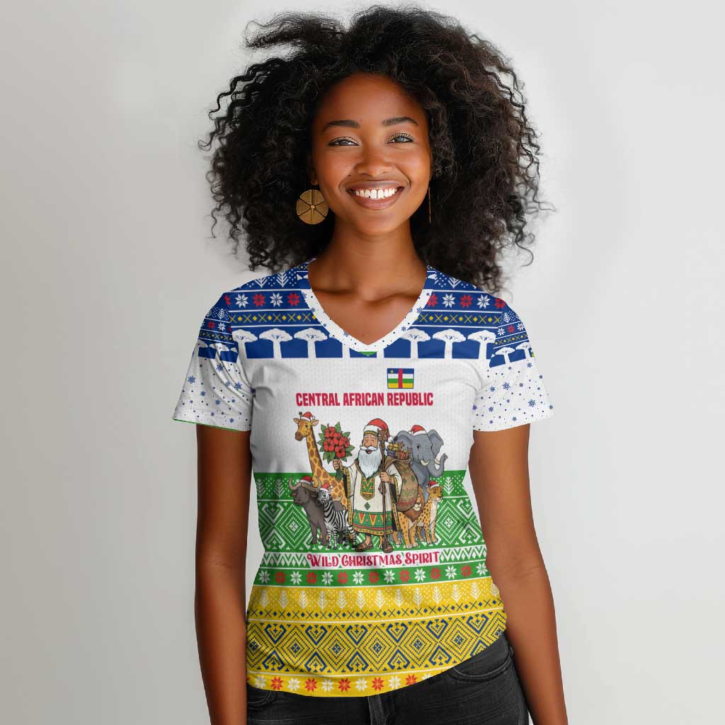 Central African Republic Christmas Women V-Neck T-Shirt Santa and Safari Animals Baobab Trees Snowflakes - African Pride