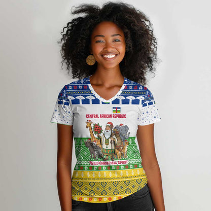 Central African Republic Christmas Women V-Neck T-Shirt Santa and Safari Animals Baobab Trees Snowflakes - African Pride