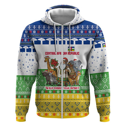 Central African Republic Christmas Zip Hoodie Santa and Safari Animals Baobab Trees Snowflakes - African Pride