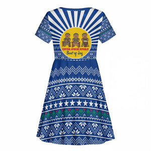 Central African Republic Christmas Kid Short Sleeve Dress Drumming Beat of Joy Tribal Pattern and Snowflakes - African Pride