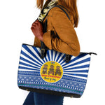 Central African Republic Christmas Leather Tote Bag Drumming Beat of Joy Tribal Pattern and Snowflakes - African Pride