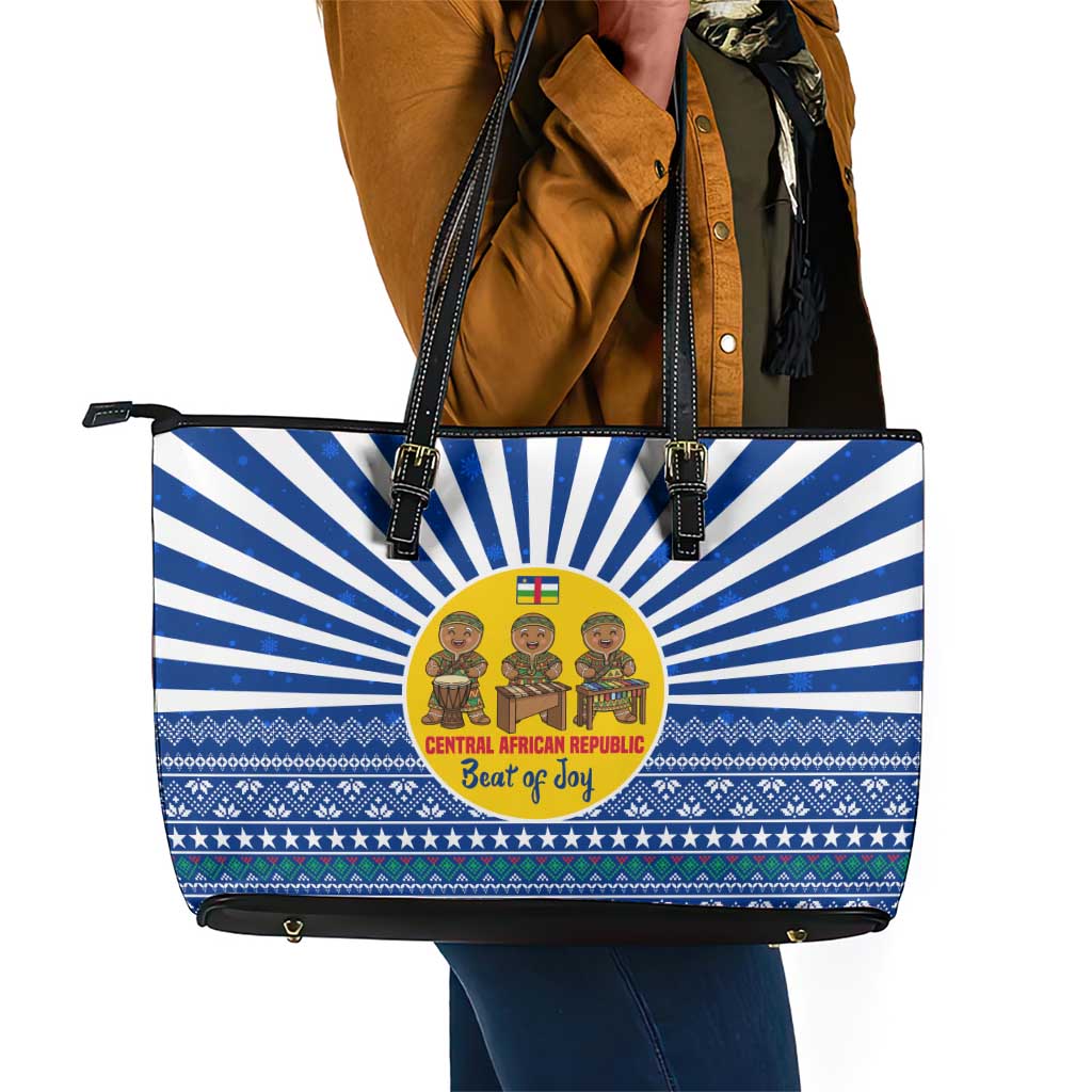 Central African Republic Christmas Leather Tote Bag Drumming Beat of Joy Tribal Pattern and Snowflakes - African Pride