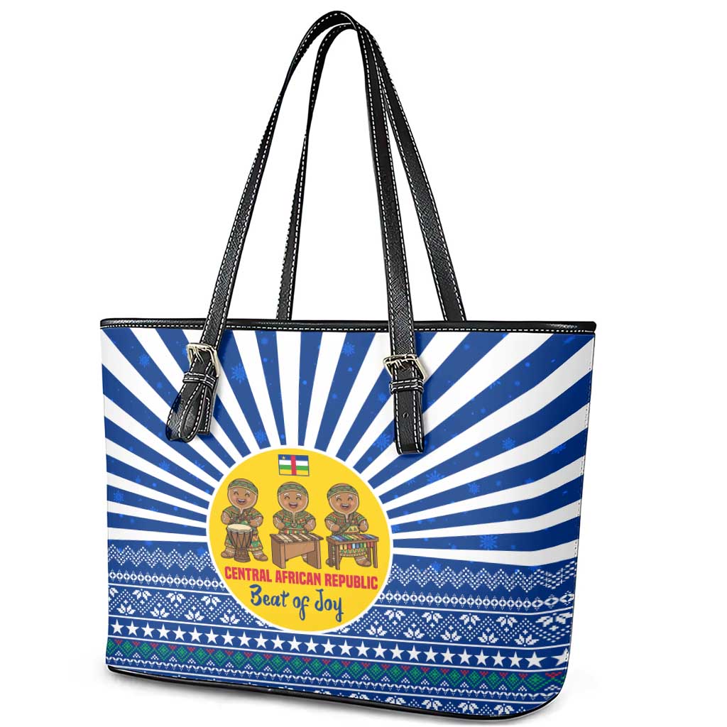 Central African Republic Christmas Leather Tote Bag Drumming Beat of Joy Tribal Pattern and Snowflakes - African Pride