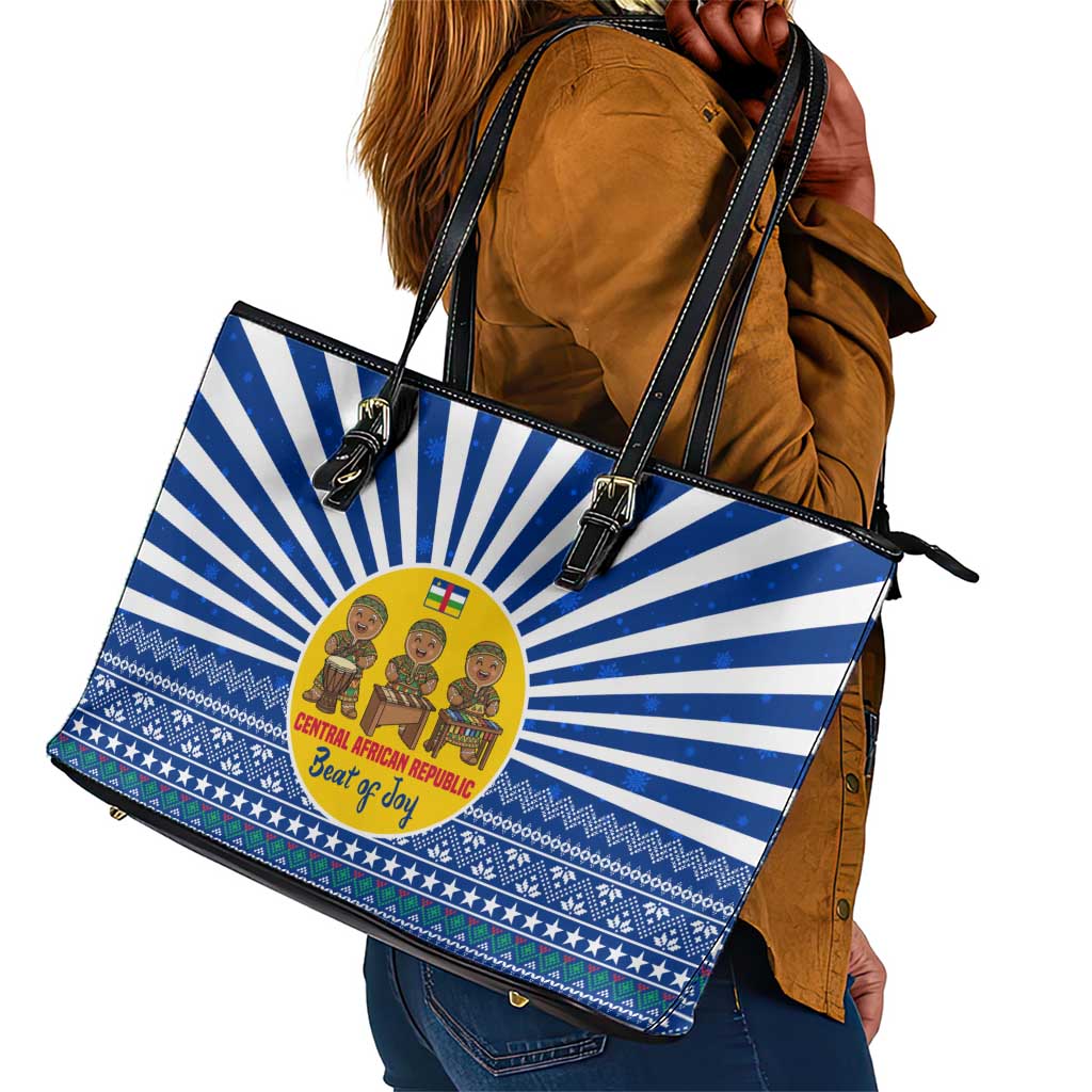 Central African Republic Christmas Leather Tote Bag Drumming Beat of Joy Tribal Pattern and Snowflakes - African Pride