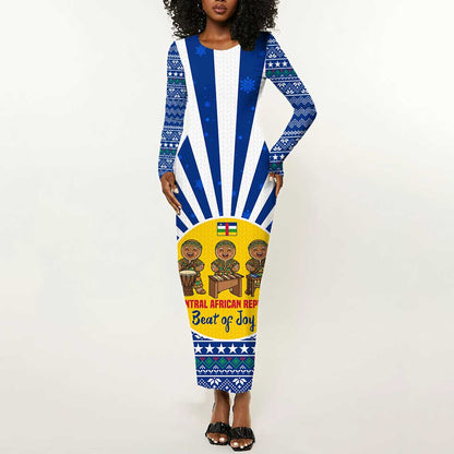 Central African Republic Christmas Long Sleeve Bodycon Dress Drumming Beat of Joy Tribal Pattern and Snowflakes - African Pride
