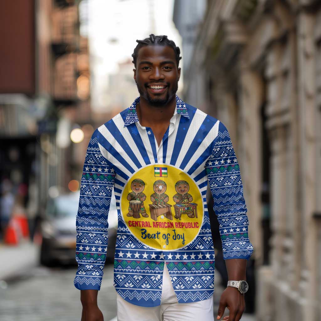 Central African Republic Christmas Long Sleeve Button Shirt Drumming Beat of Joy Tribal Pattern and Snowflakes - African Pride