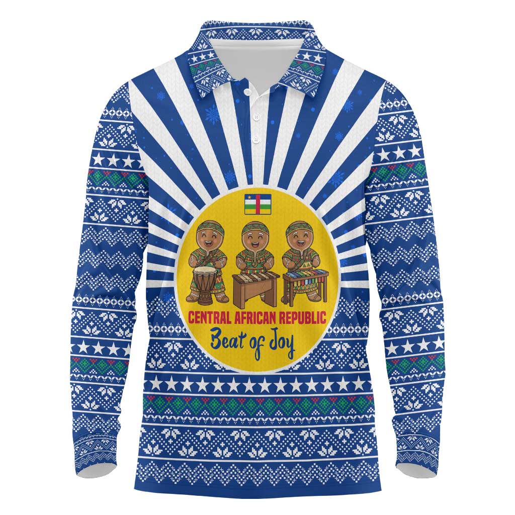 Central African Republic Christmas Long Sleeve Polo Shirt Drumming Beat of Joy Tribal Pattern and Snowflakes - African Pride