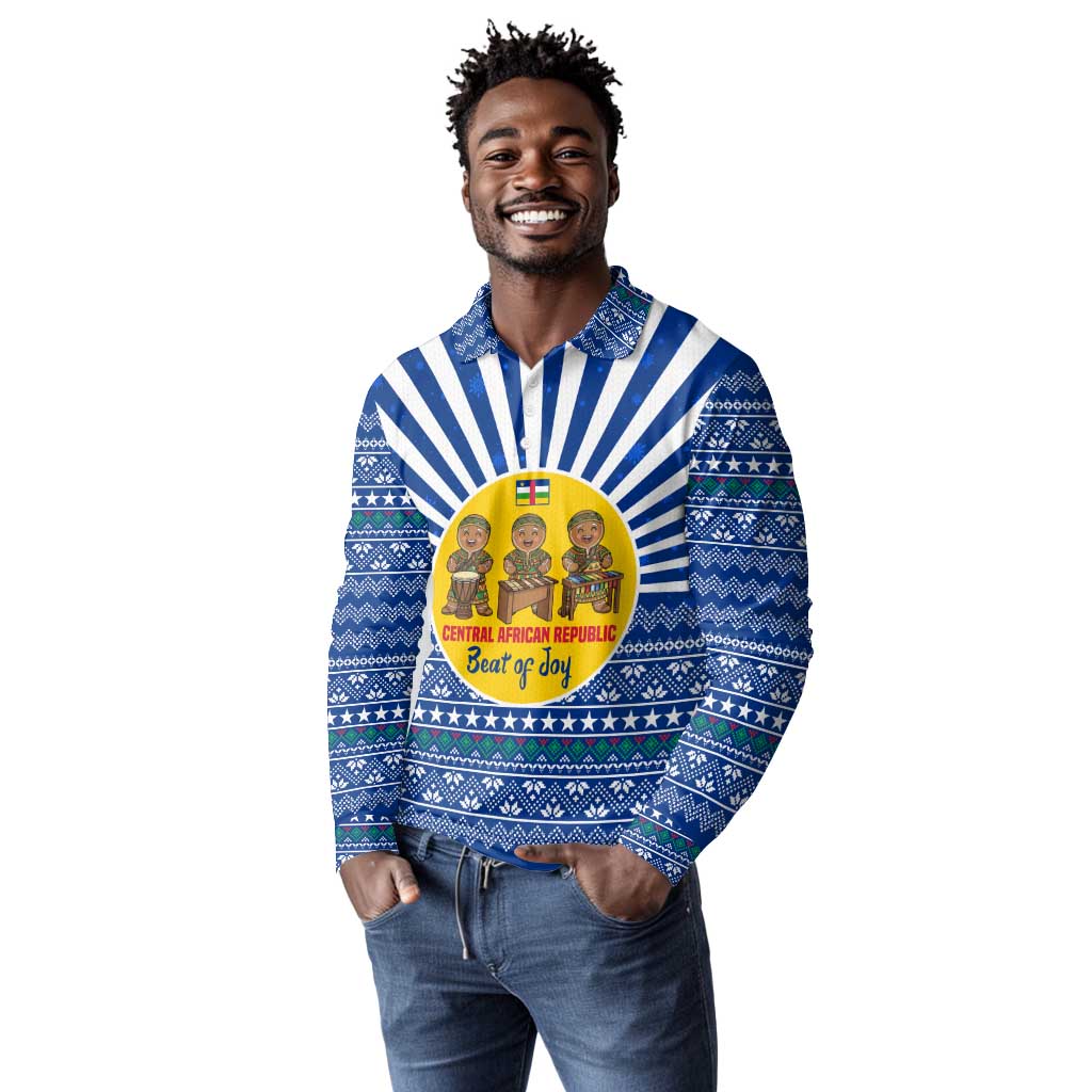 Central African Republic Christmas Long Sleeve Polo Shirt Drumming Beat of Joy Tribal Pattern and Snowflakes - African Pride