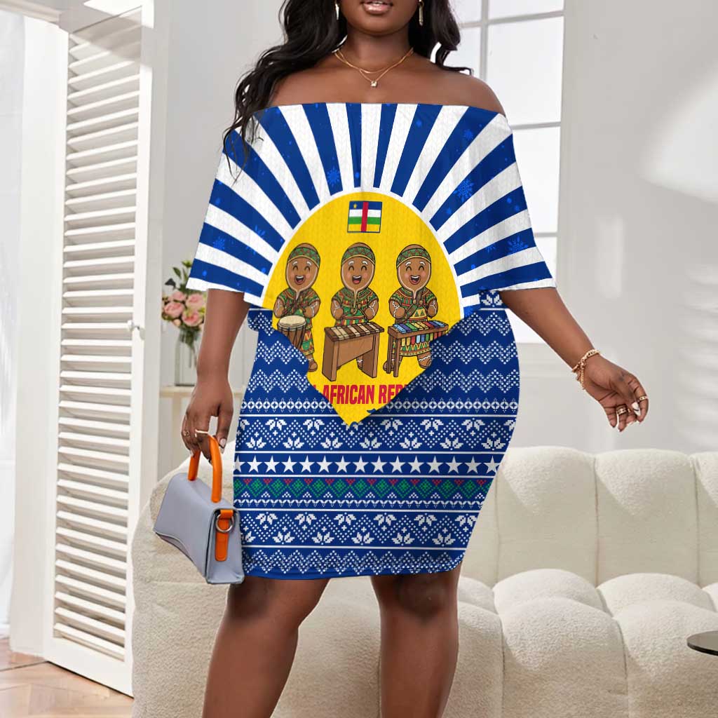 Central African Republic Christmas Off Shoulder Short Dress Drumming Beat of Joy Tribal Pattern and Snowflakes - African Pride