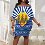 Central African Republic Christmas Off Shoulder Short Dress Drumming Beat of Joy Tribal Pattern and Snowflakes - African Pride