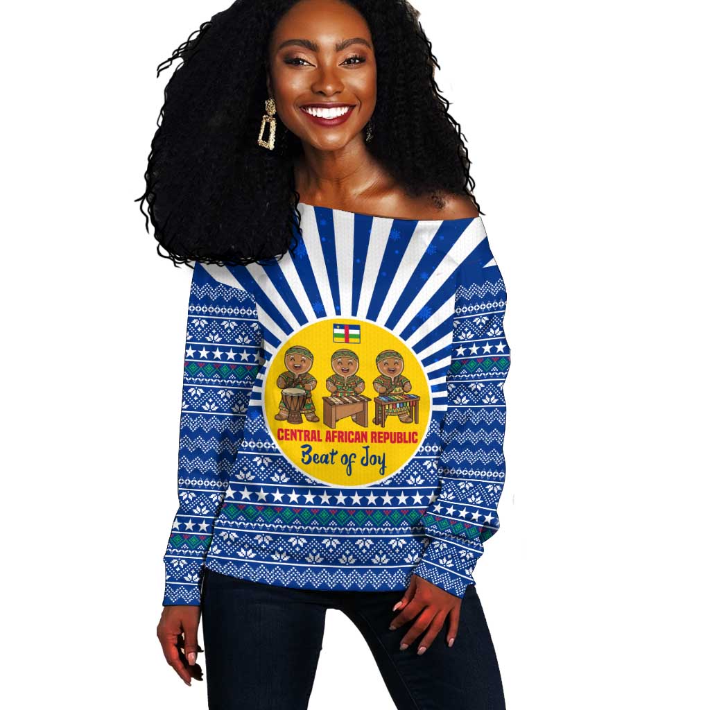 Central African Republic Christmas Off Shoulder Sweater Drumming Beat of Joy Tribal Pattern and Snowflakes - African Pride