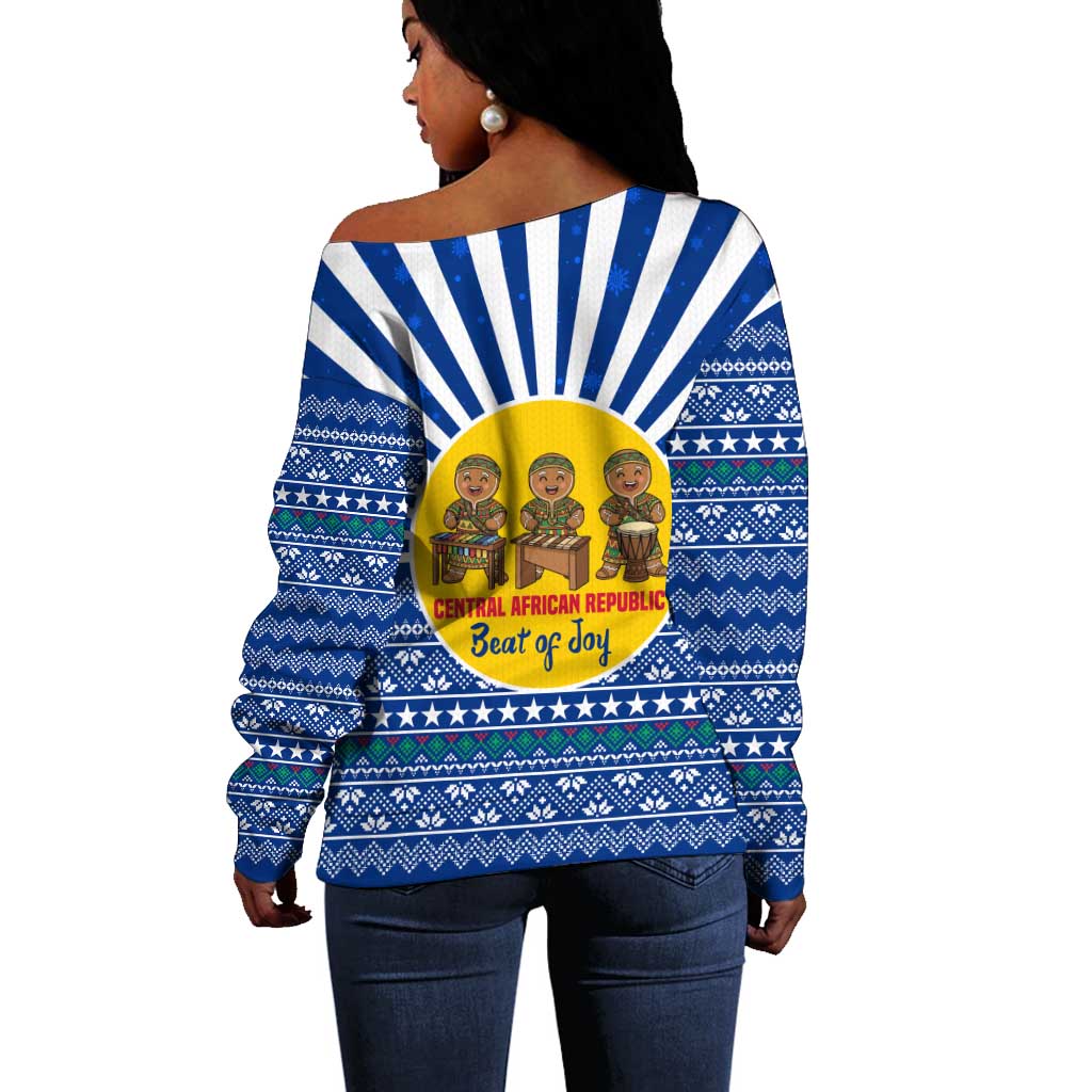 Central African Republic Christmas Off Shoulder Sweater Drumming Beat of Joy Tribal Pattern and Snowflakes - African Pride