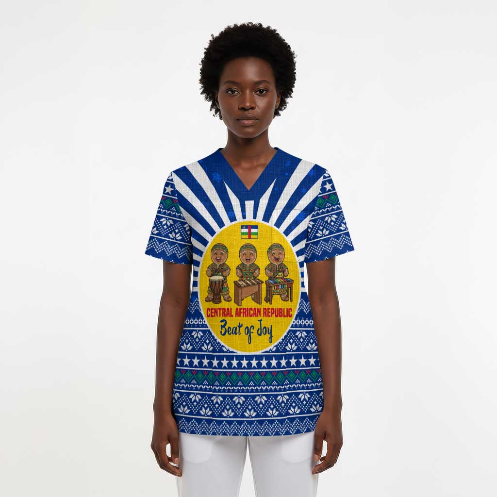 Central African Republic Christmas Scrub Top Drumming Beat of Joy Tribal Pattern and Snowflakes - African Pride