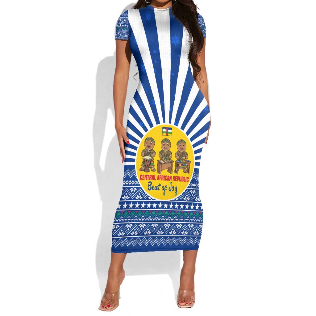 Central African Republic Christmas Short Sleeve Bodycon Dress Drumming Beat of Joy Tribal Pattern and Snowflakes - African Pride