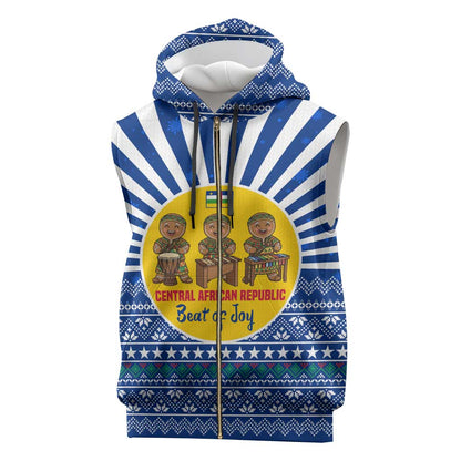 Central African Republic Christmas Sleeveless Zip Hoodie Drumming Beat of Joy Tribal Pattern and Snowflakes - African Pride