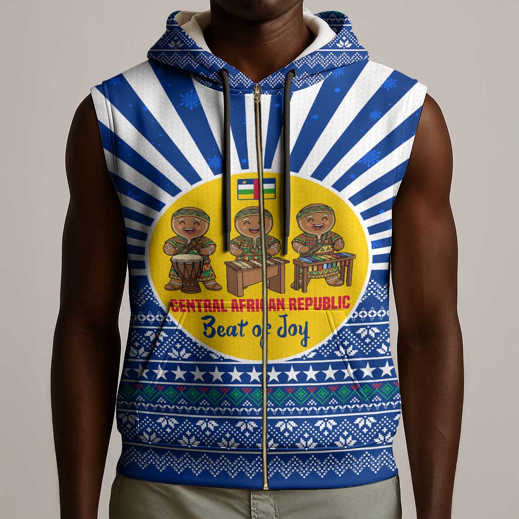 Central African Republic Christmas Sleeveless Zip Hoodie Drumming Beat of Joy Tribal Pattern and Snowflakes - African Pride