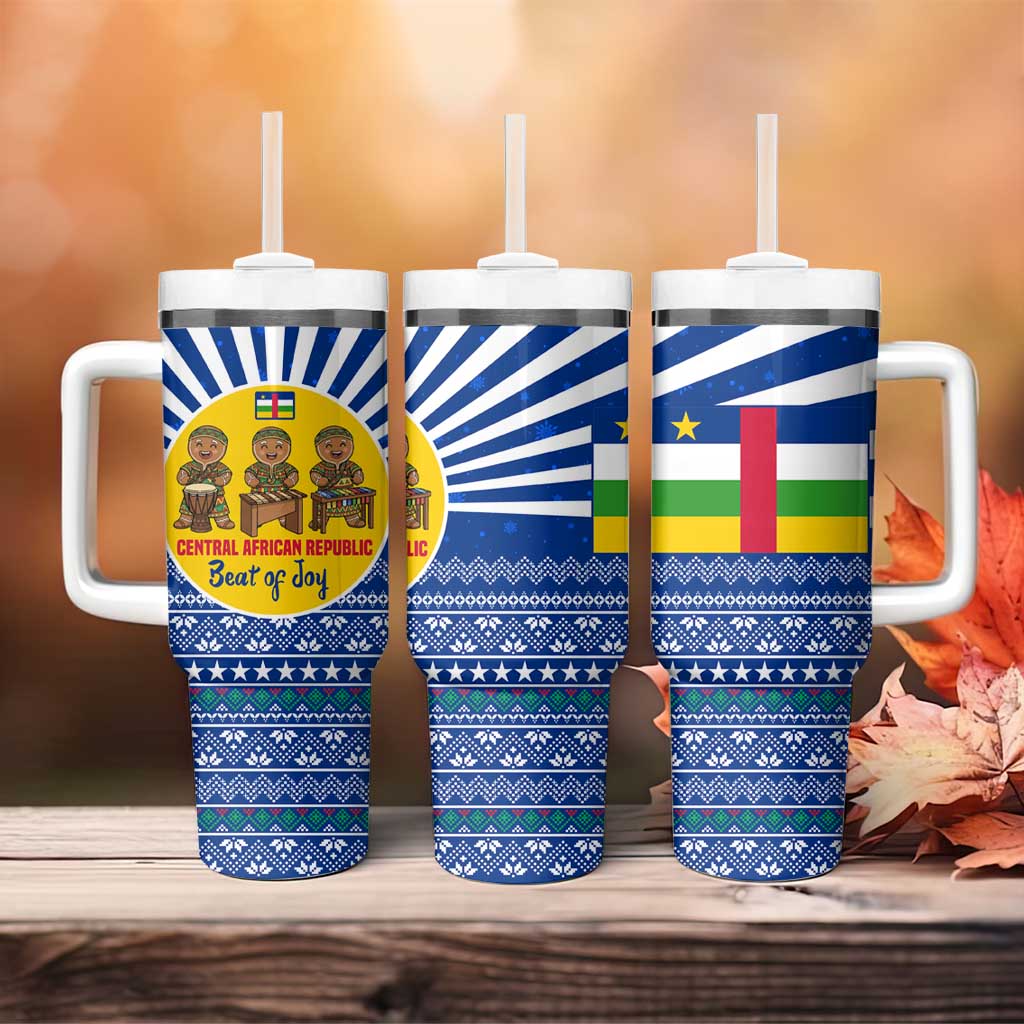 Central African Republic Christmas Tumbler With Handle Drumming Beat of Joy Tribal Pattern and Snowflakes - African Pride