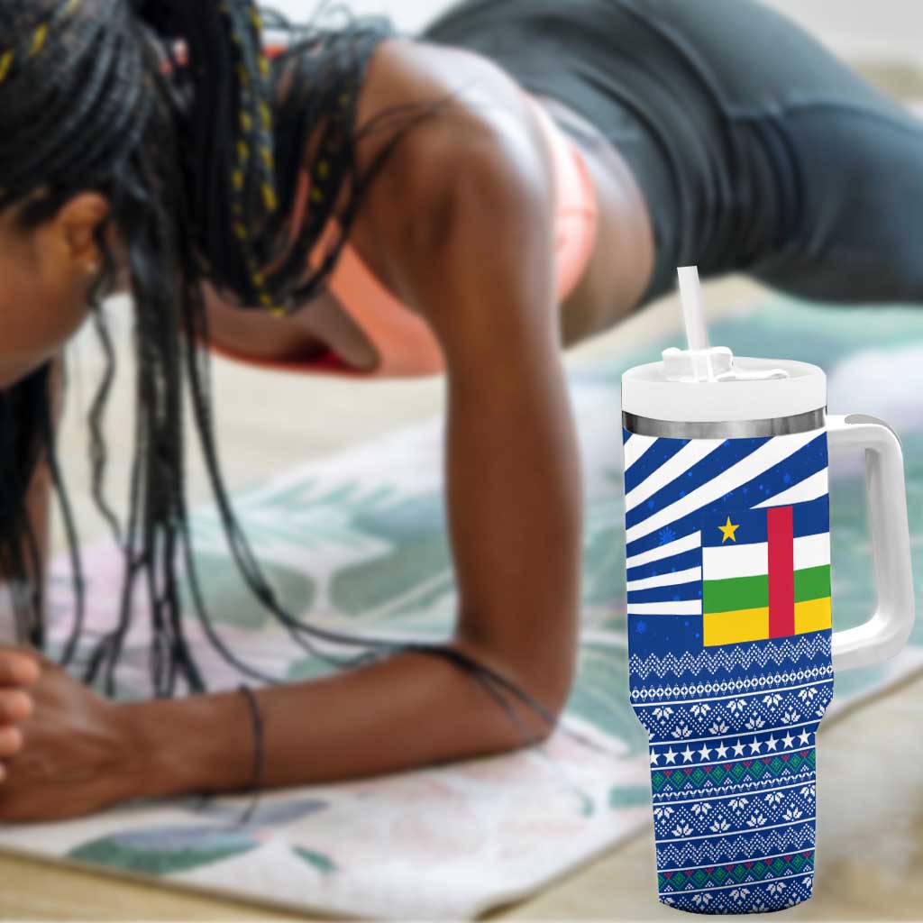 Central African Republic Christmas Tumbler With Handle Drumming Beat of Joy Tribal Pattern and Snowflakes - African Pride