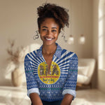 Central African Republic Christmas Women Casual Shirt Drumming Beat of Joy Tribal Pattern and Snowflakes - African Pride