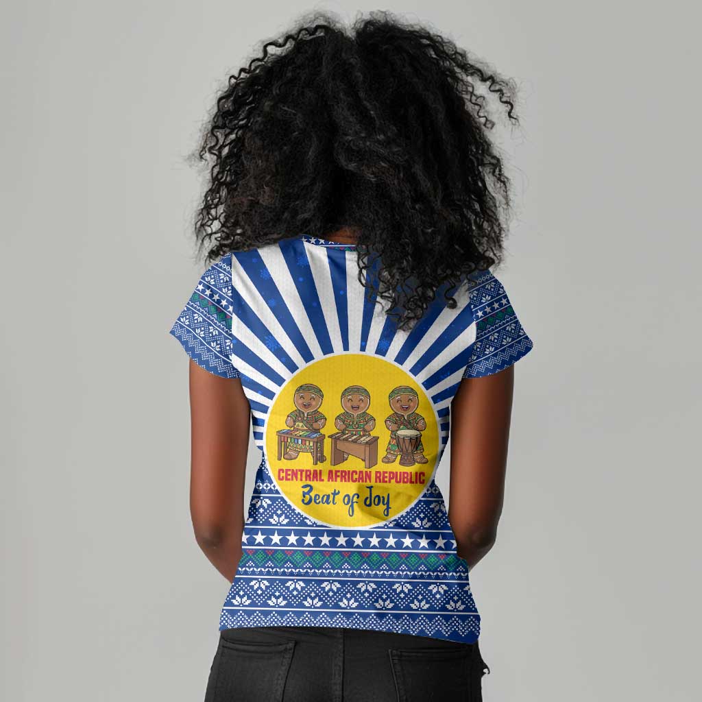 Central African Republic Christmas Women V-Neck T-Shirt Drumming Beat of Joy Tribal Pattern and Snowflakes - African Pride