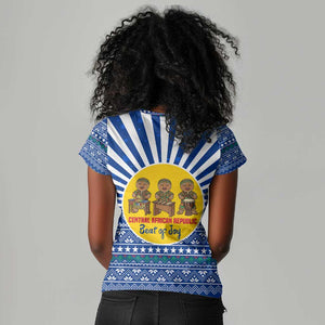 Central African Republic Christmas Women V-Neck T-Shirt Drumming Beat of Joy Tribal Pattern and Snowflakes - African Pride