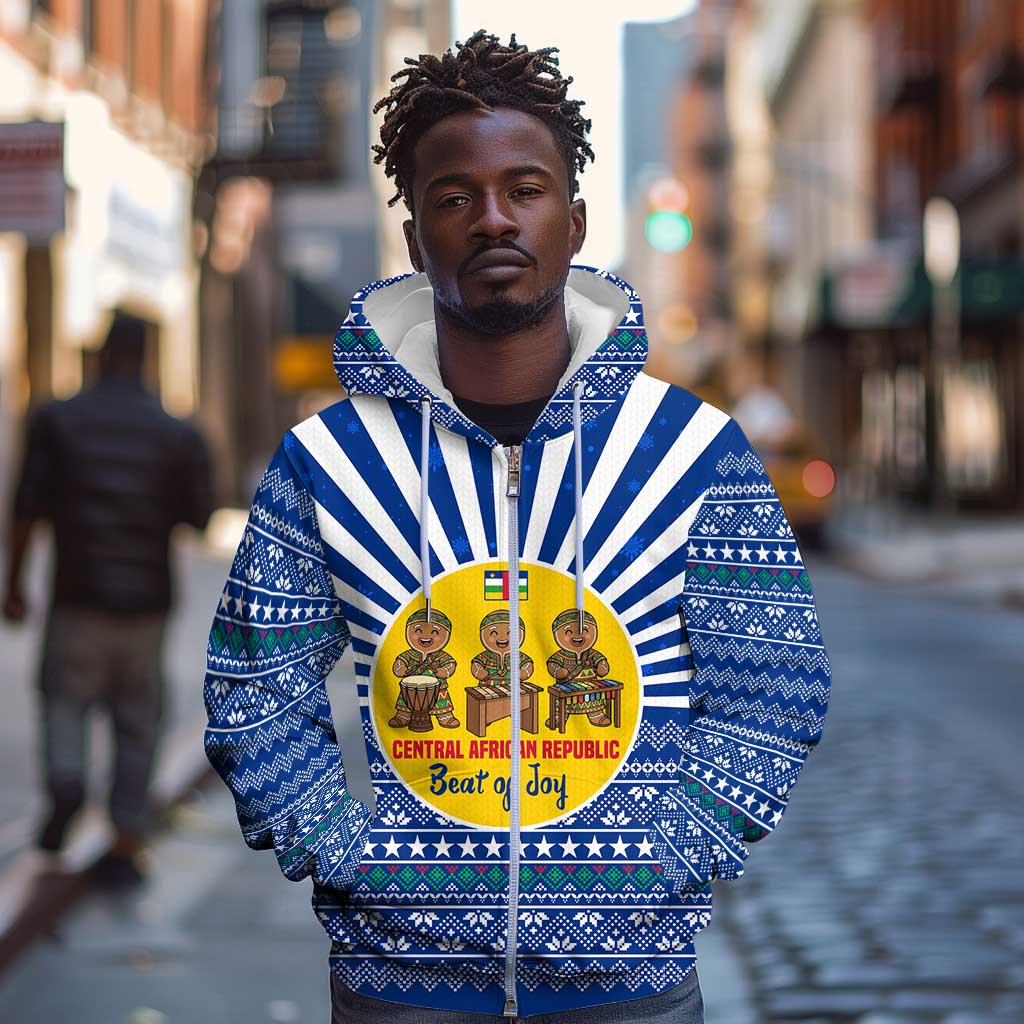 Central African Republic Christmas Zip Hoodie Drumming Beat of Joy Tribal Pattern and Snowflakes - African Pride