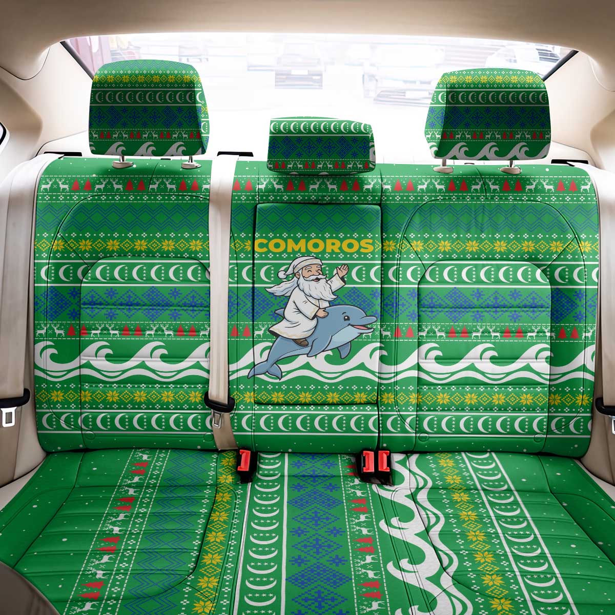 Comoros Christmas Back Car Seat Cover Santa Riding Dolphin Ocean Waves Crescent Moon - African Pride