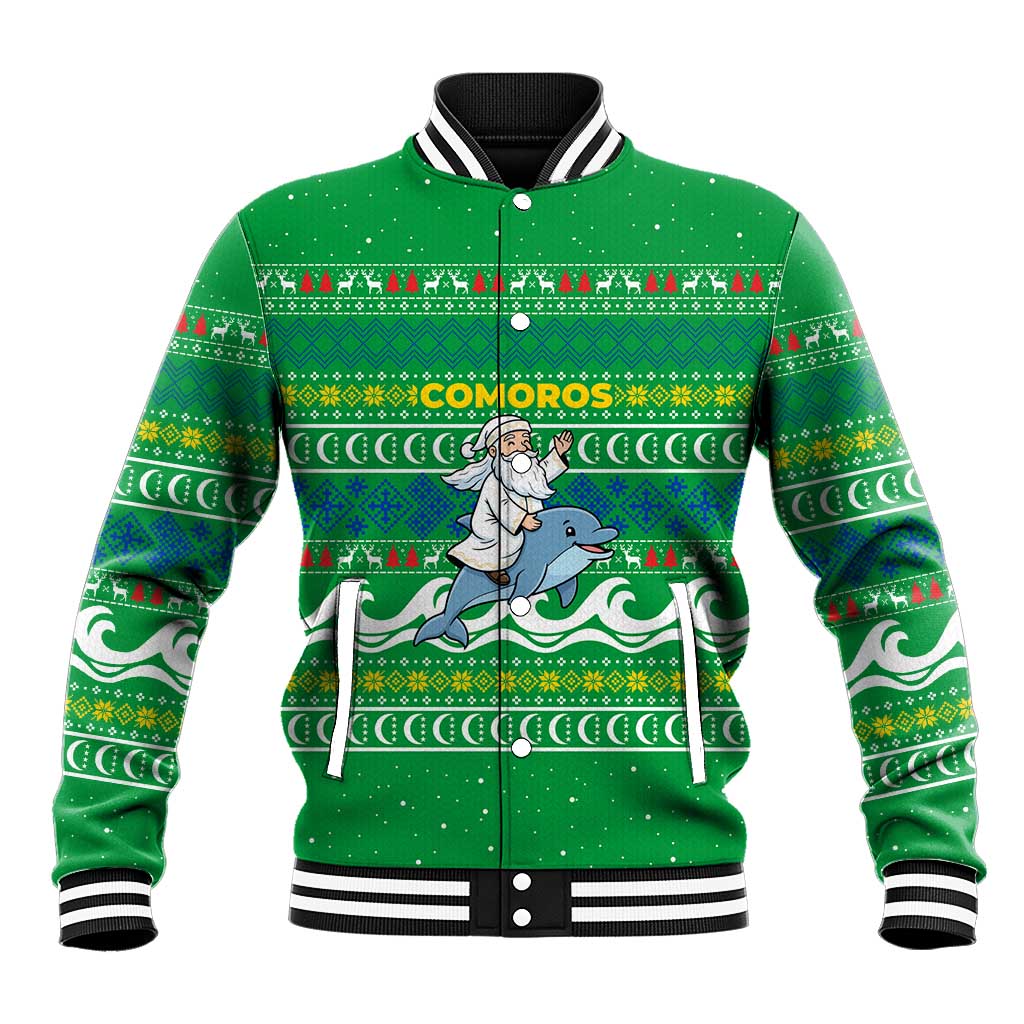 Comoros Christmas Baseball Jacket Santa Riding Dolphin Ocean Waves Crescent Moon - African Pride