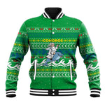 Comoros Christmas Baseball Jacket Santa Riding Dolphin Ocean Waves Crescent Moon - African Pride